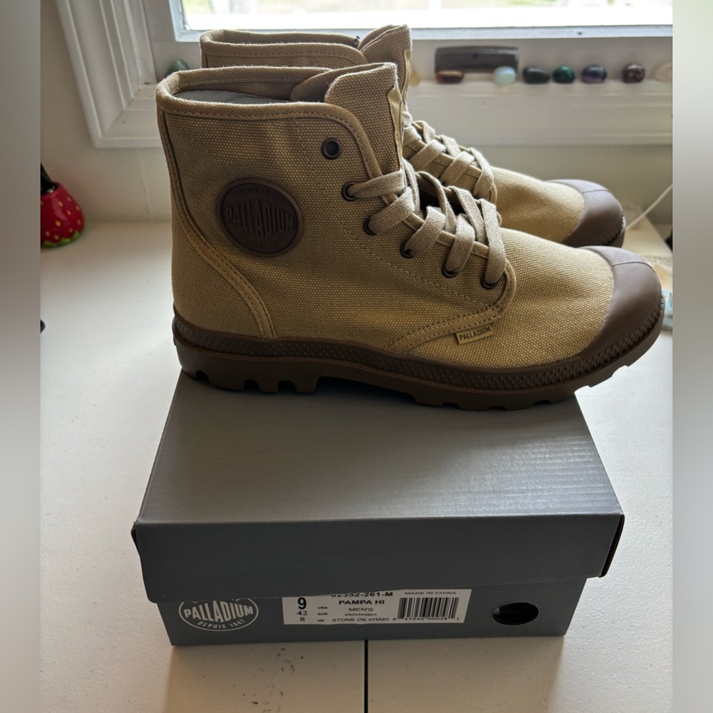 Palladium Canvas Lace-Up Boots in Tan and Brown